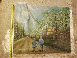 Zseniális figurális ábrázolással, ballagó testvérpár a virágzó cseresznyefák alatt, 50x60