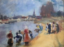 Dombrovszky László: Víz mellett keretezett festmény, hibátlan állapotban