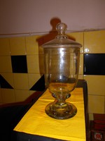 Antik vastag hutaüveg- fedeles cukorkás üveg