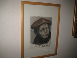 Luther portrait, color graphics, in a beautiful natural beech wood frame