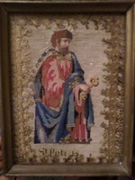 Hímzett szentkép , 30 x 23 cm -es egyszerű keretben . Szent Pétert ábrázolja .