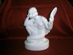 Fehér Herendi porcelán figura: 38 cm magas akt tükörrel, szignózott, sorszámmal