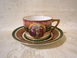 E_023 Dúsan aranyozott, lüszteres Alt Wien porcelán teás csésze tányérral mitológiai jelenettel