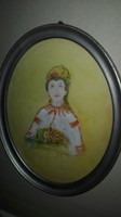 Csók István : Lány népviseletben, virágcsokorral? - antik festmény,ovális fa keretben, 1 forintról.