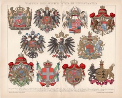 Európai államok címerei, litográfia 1895, német, színes nyomat, magyar címer, állam, osztrák, régi