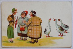 Német karikatúra-képeslap: pletykáló nők - gágogó libák, 1920-30 között, postatiszta