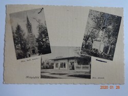Régi képeslap: Mátyásföld, róm. kath. templom, országzászló, hév állomás, 1948
