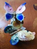 Ens színes pillangó pár, jelzett hibátlan kézzel festett páros lepke porcelán figura