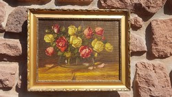 Murin Vilmos: Olaj, vászon 30x40cm, festmény. Rózsa csendélet, aranyos képkeret
