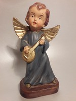 Solid wax angel with golden wings in blue dress angel face 17 cm figure statue