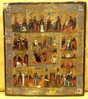 Ünnepi Ikon : Krisztus feltámadása és a tizenkét nagy ünnep, eredeti orosz ikon,36 x 31 cm