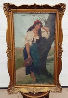"Vízhordó lány" Jelzett nagyméretű olaj festmény, vásznon kerettel 68x105 cm