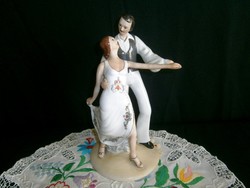 Gyönyörű, jelzett Dorohoi nagy és ritka porcelán táncoló pár, balerina 24 cm magas