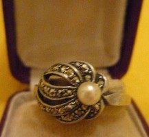 Régi gyöngy , markazit ezüst gyűrű