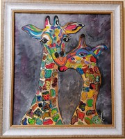 Király zsiráfok-vidám akrilfestmény