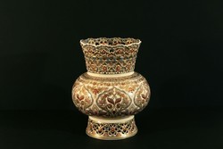 Perzsa mintás Zsolnay Váza Féláron! 22cm Áttört Kézzel festett Aranyozott Vancsa Vali Porcelán Kaspó