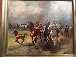 Benyovszky István lovas festmény hortobágyi csikóssal gyönyörű életkép!Vágtató lovak!!!!