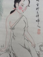 Kínai női szépség tus festmény rizspapíron akvarell pecsét 