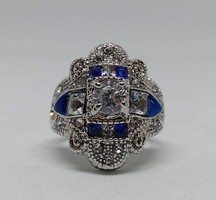 Art Deco 925-s töltött ezüst gyűrű, fehér és kék CZ kristályokkal