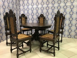 Antik neoreneszánsz étkezőasztal 6 székkel