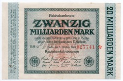 Németország 20 milliárd inflációs Márka, 1923, aUNC, szélén ragasztásból származó keskeny csík