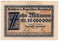 Németország Bajorország 10 millió inflációs Márka, 1923, szélén ragasztásból származó keskeny csík