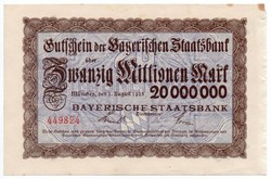 Németország Bajorország 20 millió inflációs Márka, 1923,  szélén ragasztásból származó keskeny csík