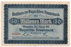 Németország Bajorország 50 millió Márka, 1923, hajtatlan, szélén ragasztásból származó keskeny csík