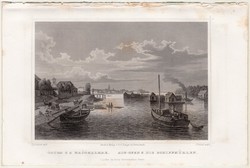 Óbuda és a hajómalmok, acélmetszet 1860, Hunfalvy, Rohbock, eredeti, Budapest, Buda, Óbuda, Duna