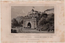 A budai Alagút kapuzata, acélmetszet 1860, Hunfalvy, Rohbock, eredeti, Budapest, vár, Buda, metszet