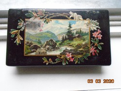 19th century wooden jewelery holder with ebonized rare Victorian hand-painted alpine landscape