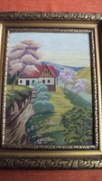 Very fine design, almost painting, antique tapestry landscape, original flawless frame.