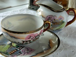 Litofán Japán kézzel festett teás csésze és alj és kiöntő