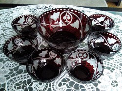 Hollóházi antique amethyst-colored crystal compote and salad set, beautifully faceted in marsala!