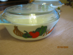 Vintage angol hőálló tál  zöldség mintás tejüveg  Jaj tetővel