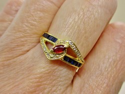 Szépséges antik rubin, zafír és gyémánt  18kt arany gyűrű 