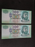 Hajtatlan  !!!! Unc !!!!  200 Forint 1998 FE 2 db Srszk 