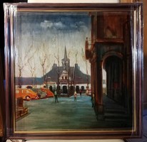 Kispest fishing farm restaurant skyline - oil painting, in a new, beautiful frame