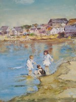 Gyerekek a tengerparton. 40 x 30 cm-es keretezett bájos olajfestmény