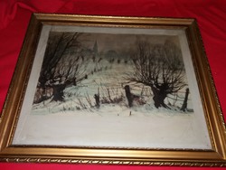 Antik Impresszionista alkotás : Téli táj a hajnali ködös város határában akvarell