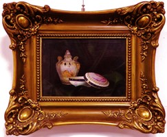 Hungarian painter: porcelain still life, oil painting