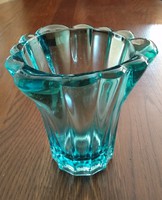 Régi, nehéz, vastagfalú, bordás, art deco, türkiz színű (kék, zöld) üveg váza eladó 