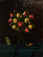 Murin Vilmos : Sárga rózsás csendélet , olajfestmény