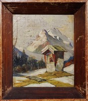 Osztrák festő R.R. szignóval : Napsütötte Alpok  , olajfestmény