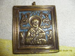 Antik orosz úti ikon Szent Miklós  bronz zománcozott 