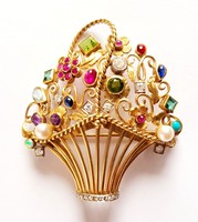 Gyönyörű 14K arany Luxus Női Drágakő Kosár Bross gyémánt,smaragd,zafír,rubin 