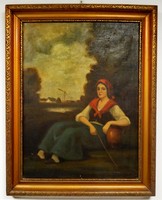 Géza Záhonyi: woman in red shawl, oil painting