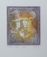 Egresi Zsuzsa - Trisztán és Izolda 12 x 10 cm színezett rézkarc, keretezve