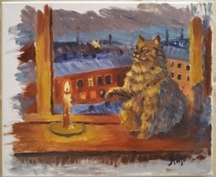 Antyipina Galina: Álmodó macska, olajfestmény, vászon, 30x25cm