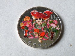 KK721 1999 Kína 10 jüan tükörveret színes ezüst érme RITKA! uncia színezüst .999
